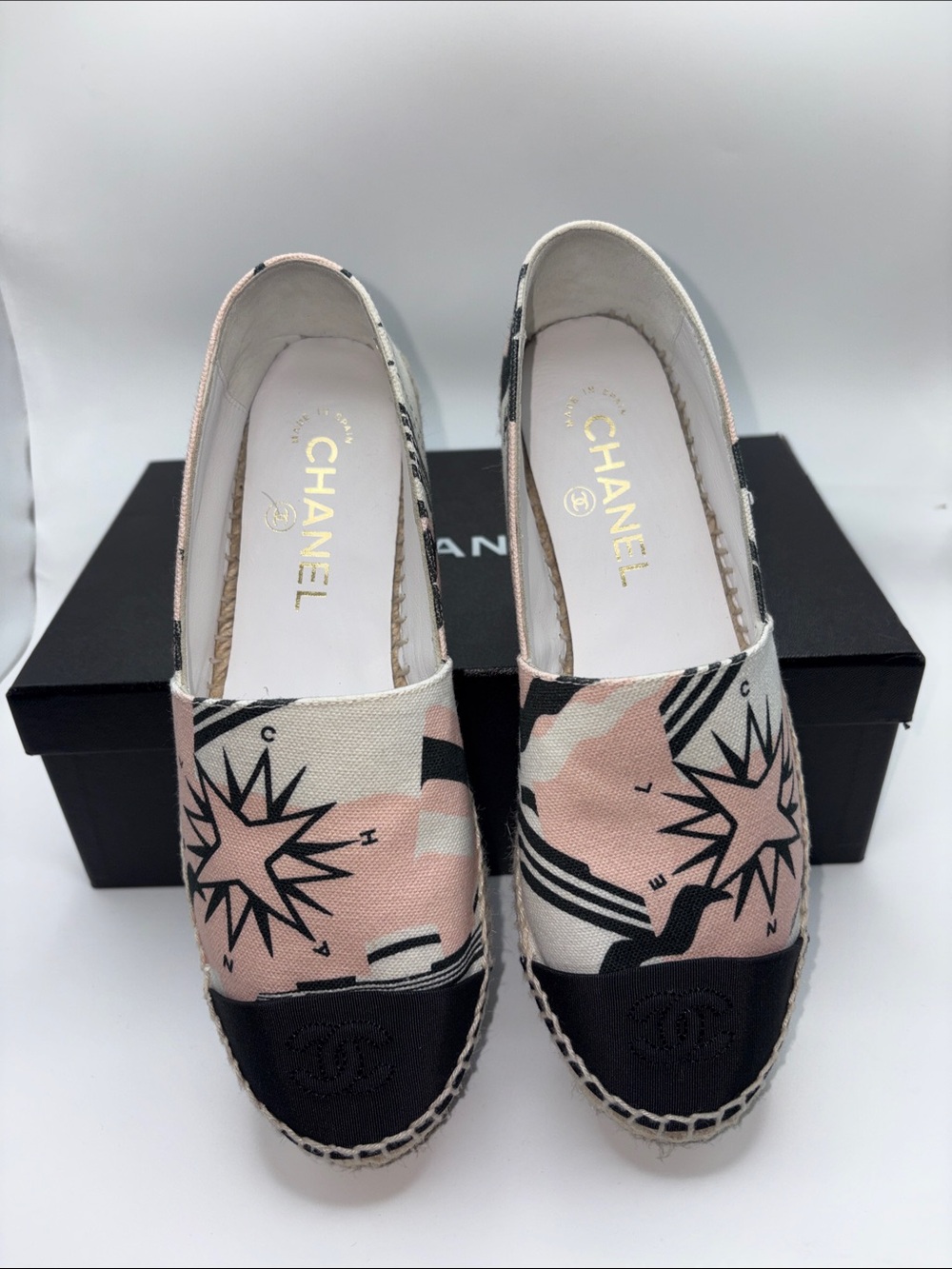 CHANEL Pink and Black Canvas Starburst Espadrilles